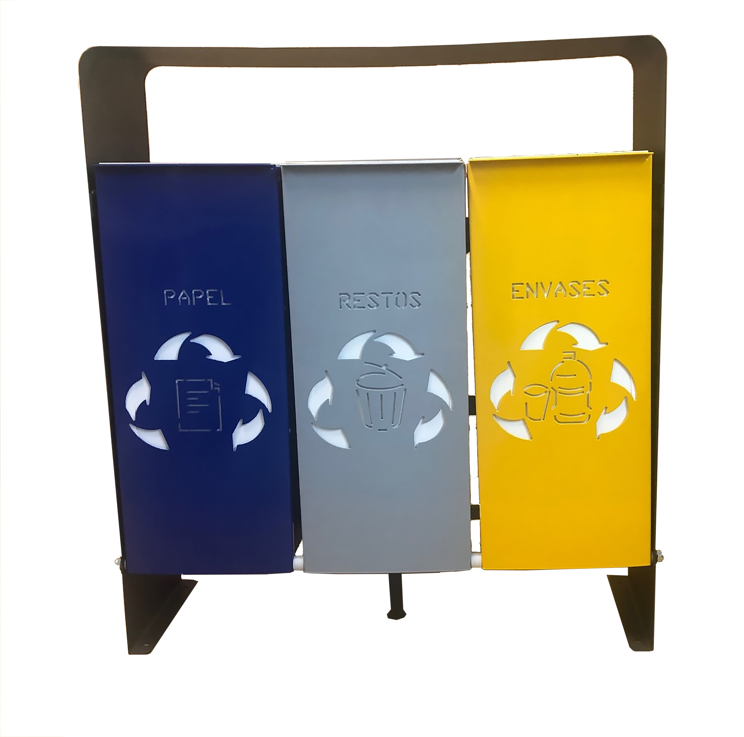 PAPELERA RECICLAJE PARA EXTERIORES CON TRIPLE CUBO E IDENTIFICACIÓN DE RESIDUO  POR COLOR, ICONO Y TEXTO  EN IDIOMAS TROQUELADOS SOBRE LA CHAPA